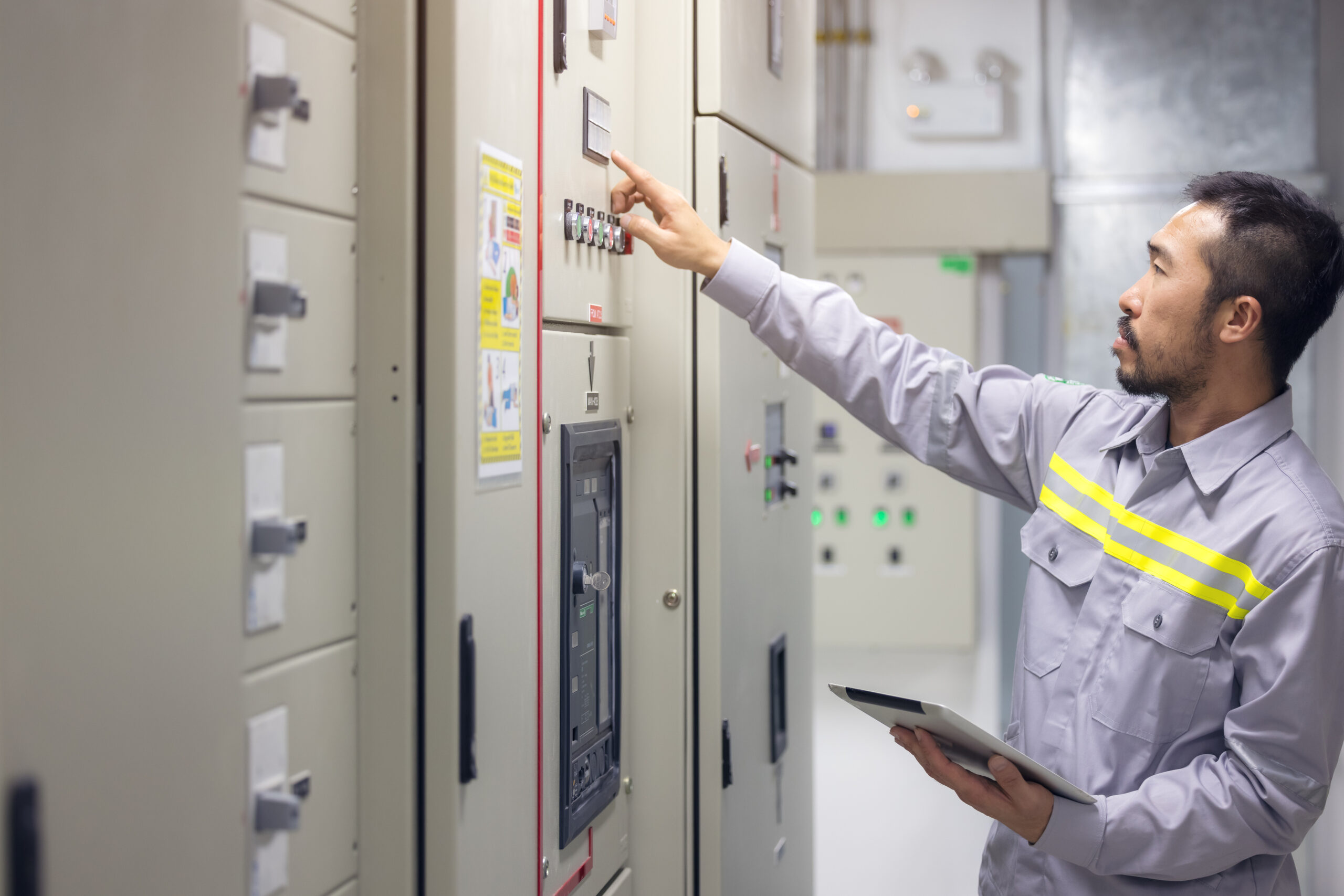 Engineer or technician man using tablet to monitor process, business, and industry concept in switch gear electrical room of oil and gas platform or plant industrial.